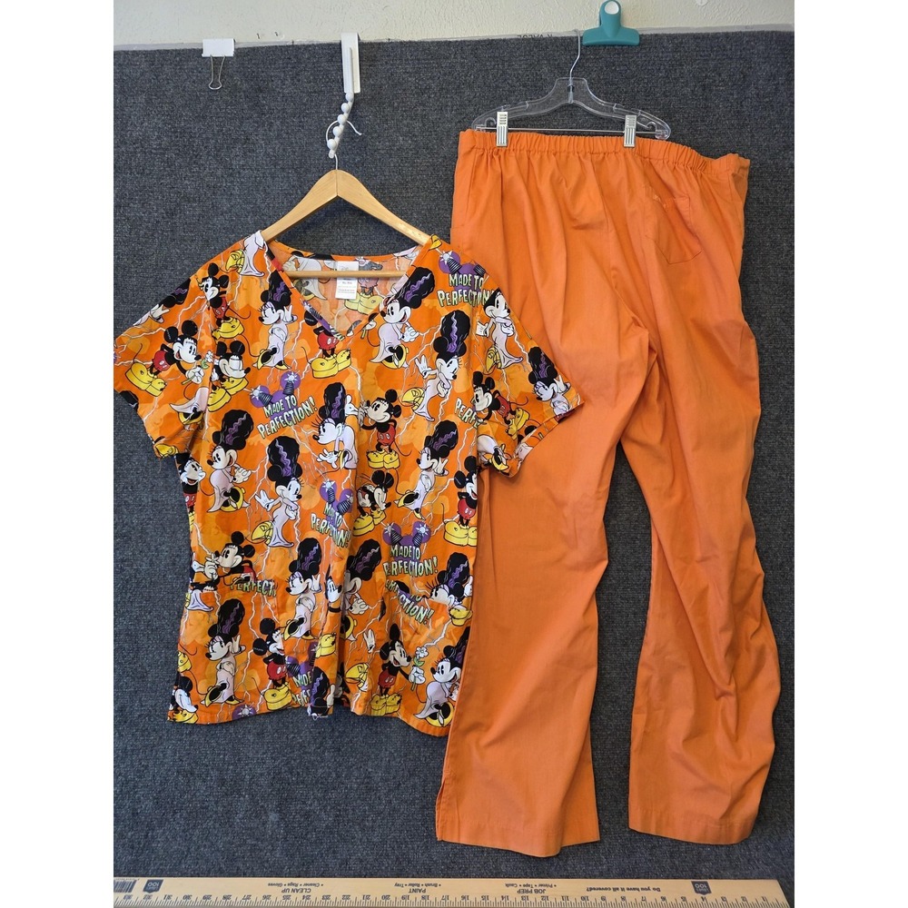 Disney Scrub Top Pants Set Womens XL Orange‎ Halloween Mickey Minnie Mouse Print